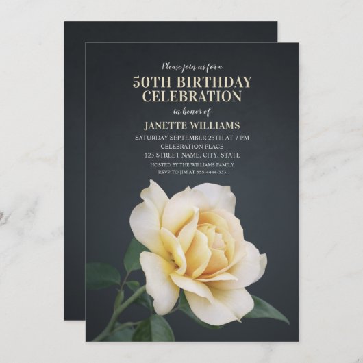 エレガントフローラ素朴イエローローズモダン誕生日 招待状 (正面/裏面)