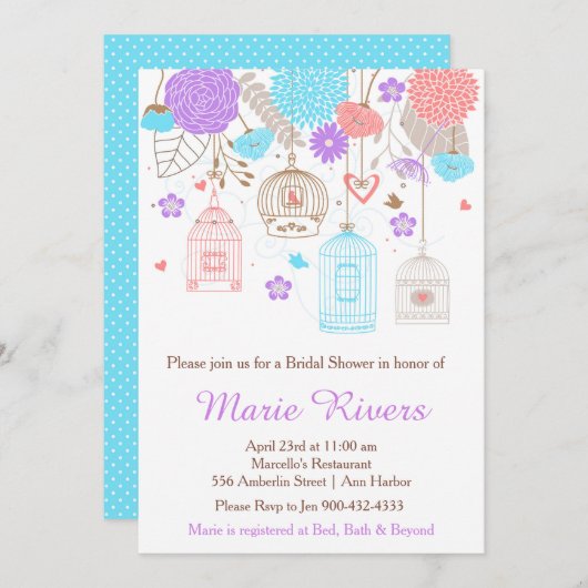 エレガントフローラ紫と青のブライダルシャワー 招待状 (正面/裏面)