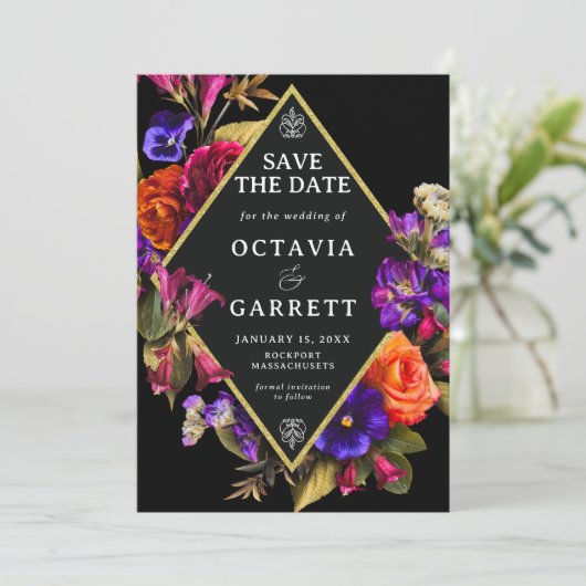 エレガントフローラ紫フォーマル赤オレンジ セーブザデート (スタンド正面)