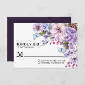 エレガントフローラ紫色の水彩結婚式RSVP 出欠カード (正面/裏面)