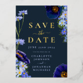 エレガントフローラ結婚のネイビーブルーと金ゴールド 箔招待状 (正面)