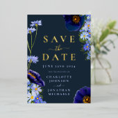 エレガントフローラ結婚のネイビーブルーと金ゴールド 箔招待状 (立ち正面)