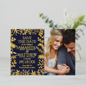 エレガントフローラ結婚の写真が日付を保存実在する 箔招待状 (立ち正面)