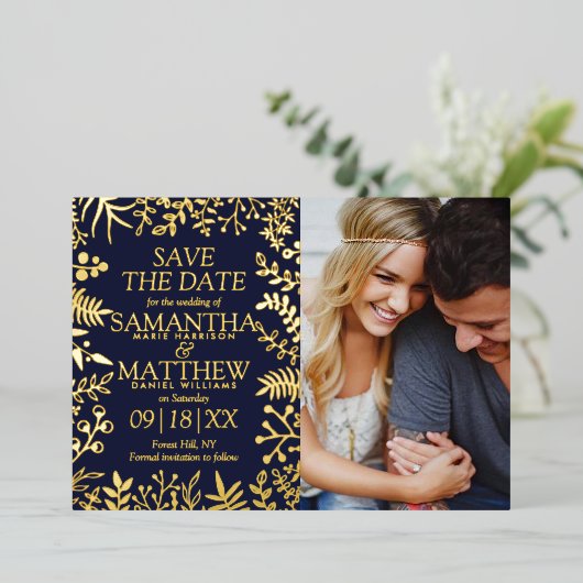 エレガントフローラ結婚の写真が日付を保存実在する 箔招待状 (立ち正面)