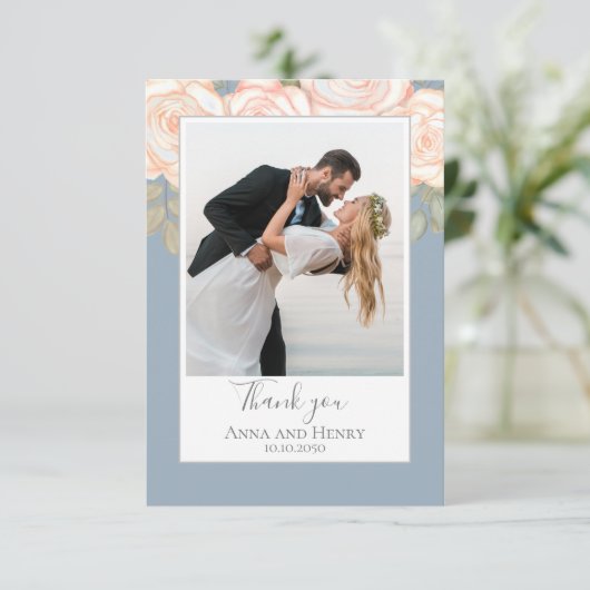 エレガントフローラ結婚の埃っぽい青い写真 サンキューカード (スタンド正面)