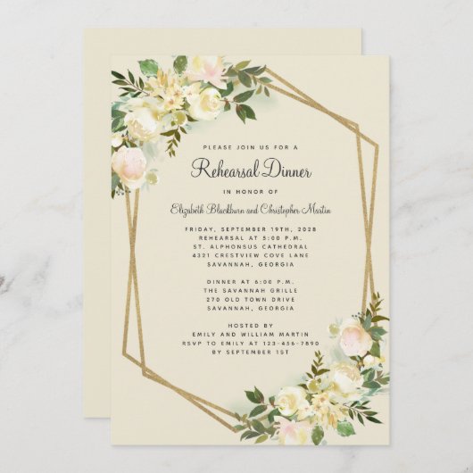 エレガントフローラ結婚の金ゴールドリハーサル 招待状 (正面/裏面)