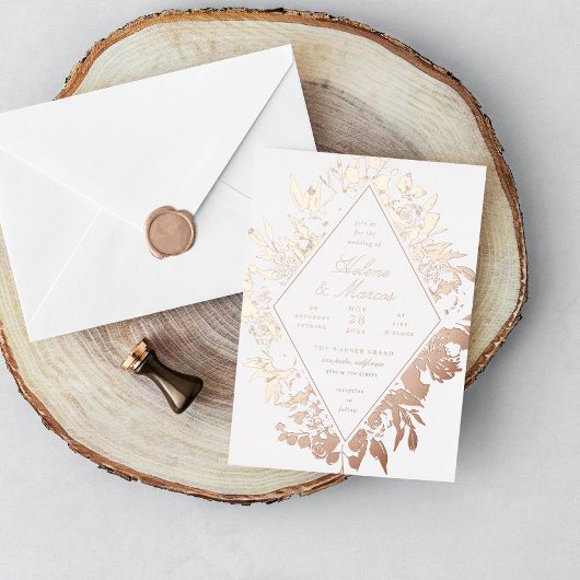 エレガントフローラ結婚ダイヤモンドバラ金ゴールド 箔招待状