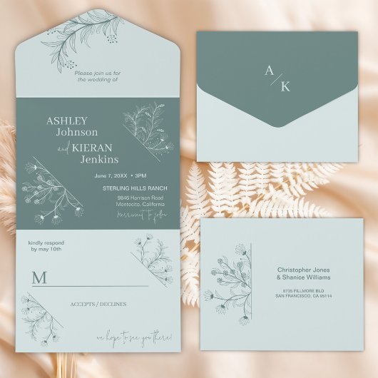 エレガントフローラ結婚ティール(緑がかった色) オールインワン招待状