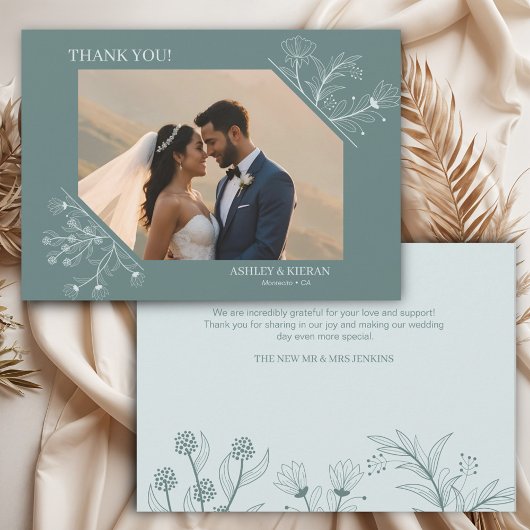 エレガントフローラ結婚ティール(緑がかった色) サンキューカード