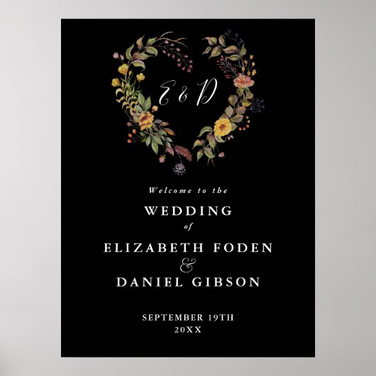 エレガントフローラ結婚ハートの歓迎サイン ポスター (正面)