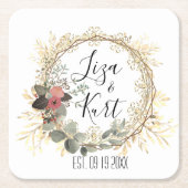 エレガントフローラ結婚リースパーソナライズされた スクエアペーパーコースター (正面)