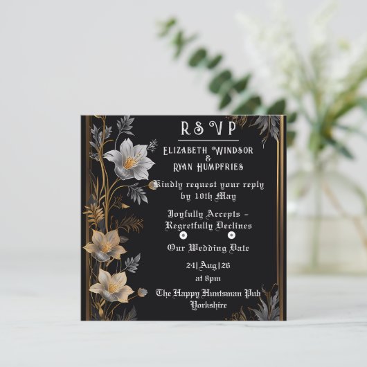 エレガントフローラ結婚式招待状金ゴールドとシルバー 招待状 (スタンド正面)