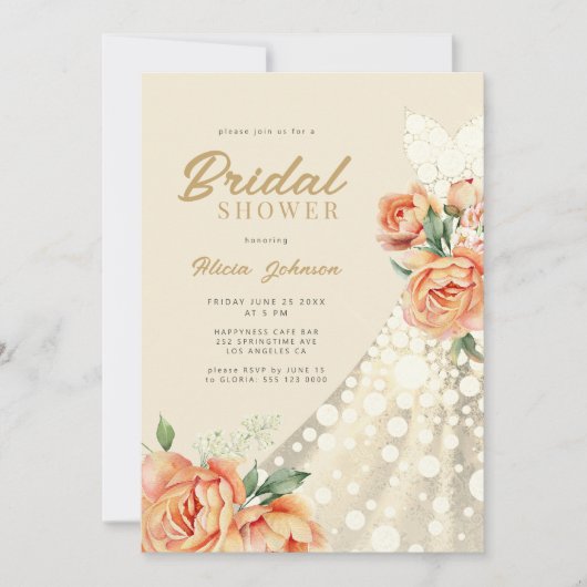 エレガントフローラ結婚金ゴールドドレスブライダルシャワー 招待状 (正面)