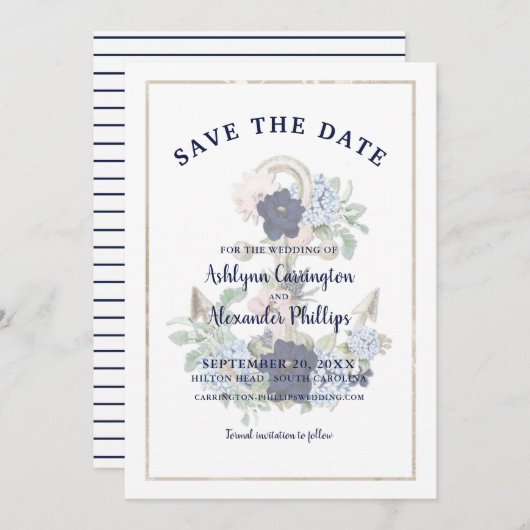 エレガントフローラ航海のいかりネイビーブルーシャンパーニュ セーブザデート (正面/裏面)