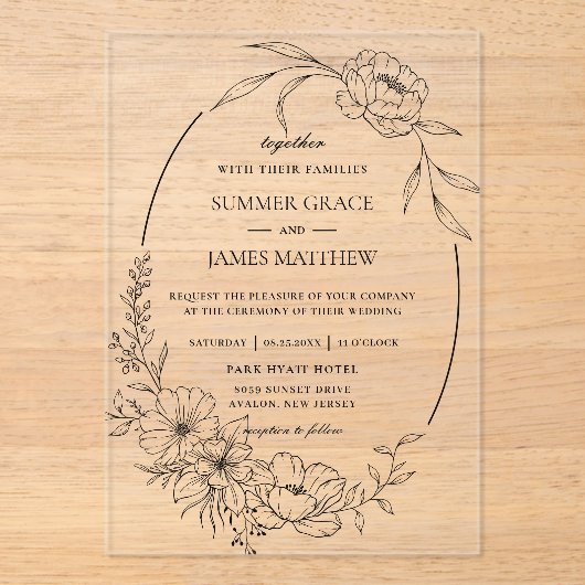エレガントフローラ花ボタニカルラインアート結婚ズ アクリル招待状 (正面)