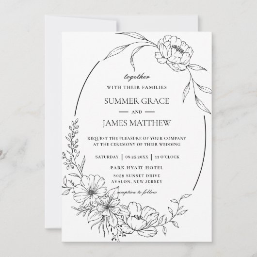 エレガントフローラ花ボタニカルラインアート結婚ズ 招待状 (正面)