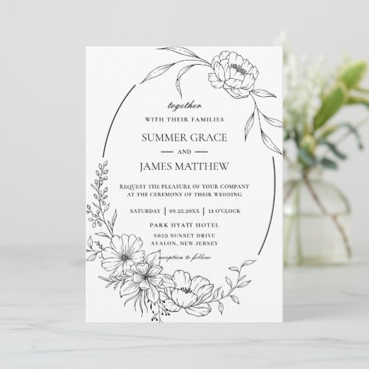 エレガントフローラ花ボタニカルラインアート結婚ズ 招待状 (スタンド正面)