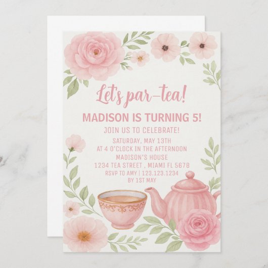 エレガントフローラ茶パーティー誕生日招待状 招待状 (正面/裏面)