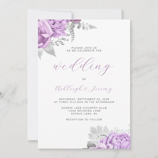 エレガントフローラ薄紫シルバースク結婚リプト 招待状 (正面)
