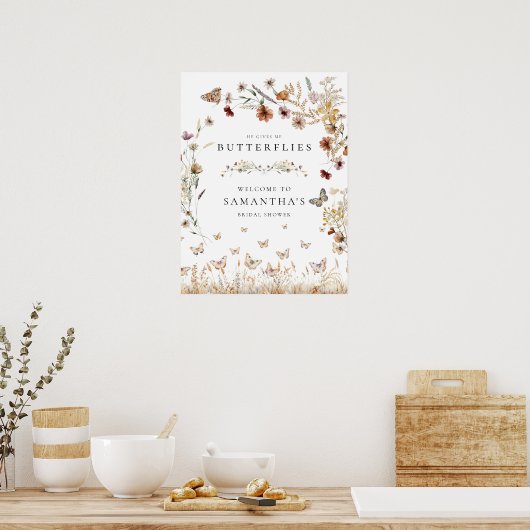 エレガントフローラ蝶ブライダルシャワー標識 ポスター (キッチン)