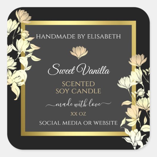 エレガントフローラ製品パッケージラベル黒金ゴールド スクエアシール (正面)