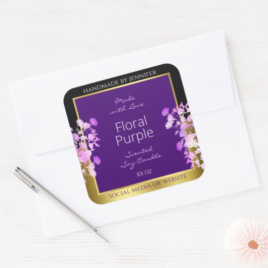 エレガントフローラ製品ラベル黒金ゴールドと紫 スクエアシール (封筒)