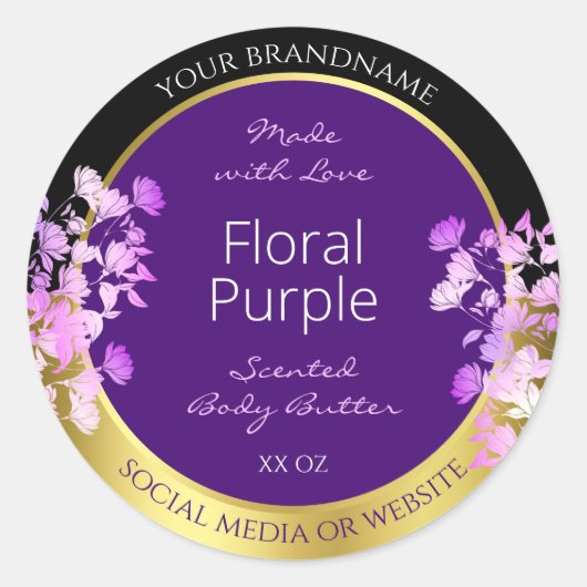 エレガントフローラ製品ラベル黒金ゴールドと紫 ラウンドシール (正面)