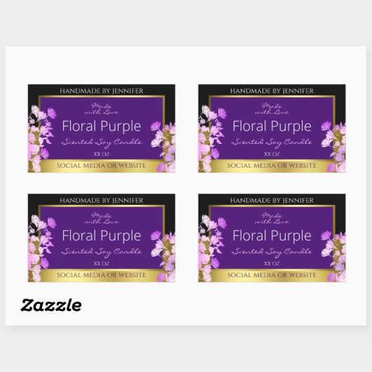 エレガントフローラ製品ラベル黒金ゴールドと紫 長方形シール (シート)