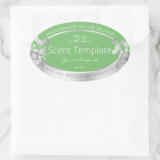 エレガントフローラ製品ラベルSageグリーンとシルバー 楕円形シール (バッグ)