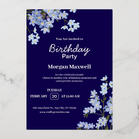 エレガントフローラ誕生日パーティーの招待 箔招待状 (正面)