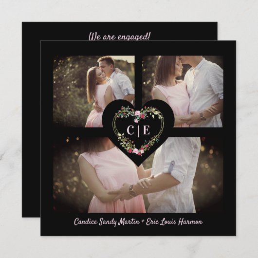 エレガントフローラ赤いハート3写真インスタント婚約した セーブザデート (正面/裏面)