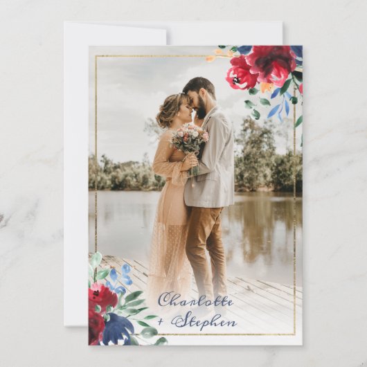 エレガントフローラ赤い青の台本5枚結婚の写真 招待状 (正面)