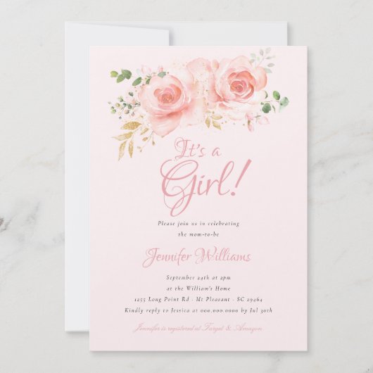 エレガントフローラ赤ちゃんシャワー – ピンクと金ゴールド 招待状 (正面)
