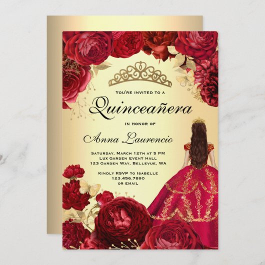 エレガントフローラ赤と金ゴールドキンセアニェラ 招待状 (正面/裏面)