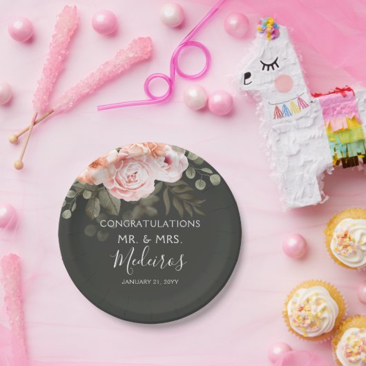 エレガントフローラ赤面ピンクモダンボ結婚タン ペーパープレート (パーティー)