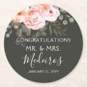 エレガントフローラ赤面ピンクモダンボ結婚タン ラウンドペーパーコースター (正面)