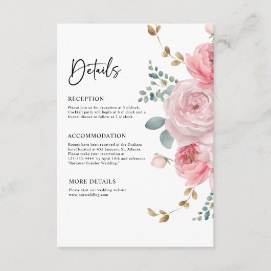 エレガントフローラ赤面ピンク庭園の結婚式詳細 エンクロージャーカード (正面)