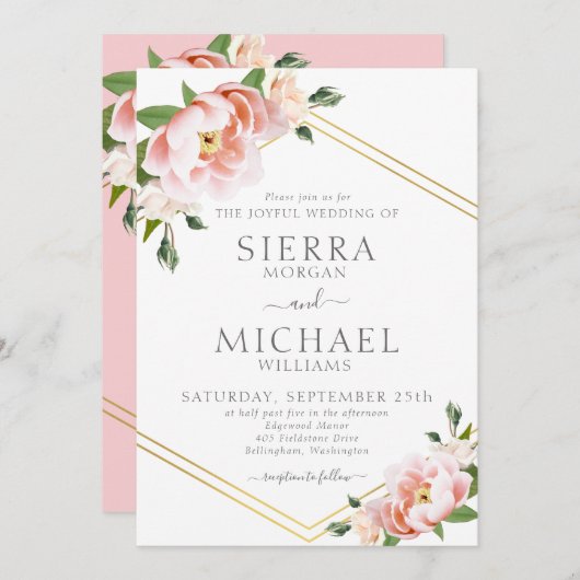 エレガントフローラ赤面ピンク金ゴールド幾何結婚図形 招待状 (正面/裏面)