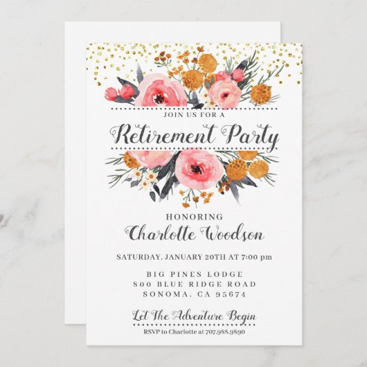 エレガントフローラ赤面ピンク金ゴールド退職パーティー 招待状 (正面/裏面)