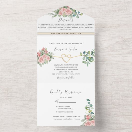 エレガントフローラ赤面結婚ピンクの全てを一つにする オールインワン招待状 (内側)