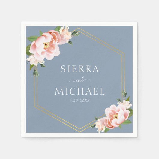 エレガントフローラ赤面金ゴールドダスティブルー結婚ズ スタンダードカクテルナプキン (正面)