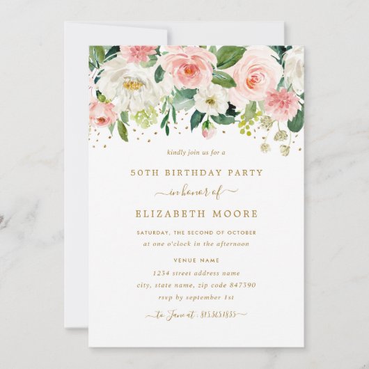 エレガントフローラ赤面金ゴールド50誕生日 招待状 (正面)