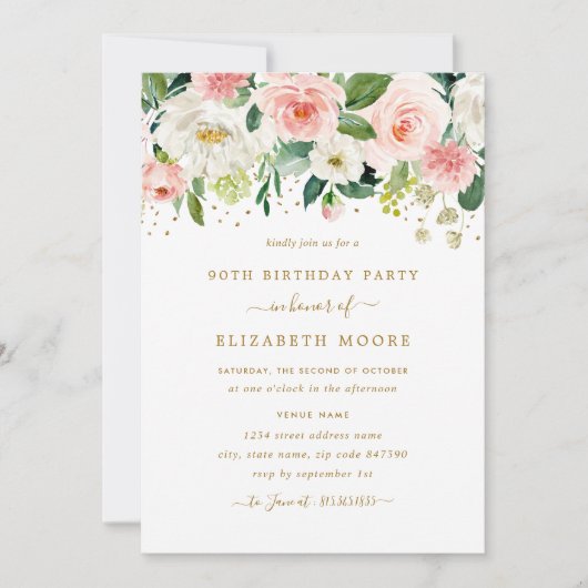 エレガントフローラ赤面金ゴールド90誕生日 招待状 (正面)