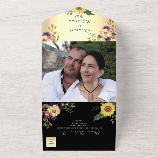 エレガントフローラ金ゴールドとブラック結婚ズ オールインワン招待状 (外側)