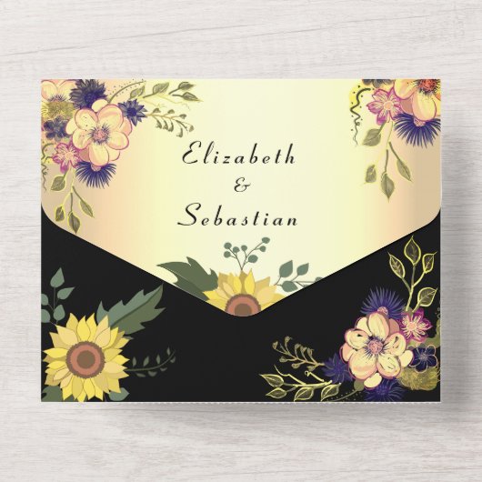 エレガントフローラ金ゴールドとブラック結婚ズ オールインワン招待状 (裏面)