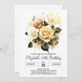 エレガントフローラ金ゴールドとブラック50誕生日 招待状 (正面/裏面)