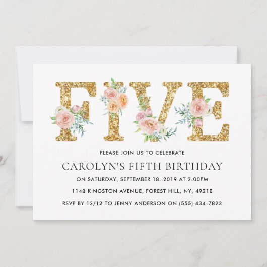 エレガントフローラ金ゴールドグリッター5誕生日 招待状 (正面)