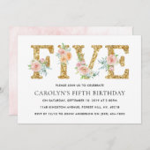 エレガントフローラ金ゴールドグリッター5誕生日 招待状 (正面/裏面)