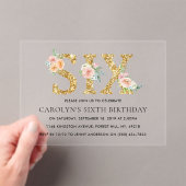 エレガントフローラ金ゴールドグリッター6誕生日 アクリル招待状 (インサイチュ (ポータブル))