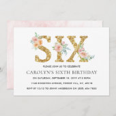 エレガントフローラ金ゴールドグリッター6誕生日 招待状 (正面/裏面)